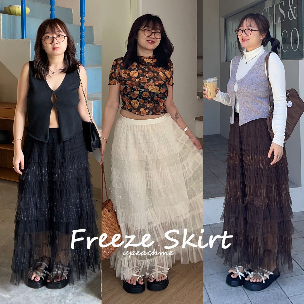 upeachme(E11) Freeze Skirt [เอว24-40] กระโปรงยาวระบาย กระโปรงยาวผ้ามุ้งเล่นเลเยอร์ กระโปรงยาวพลัสไซส์