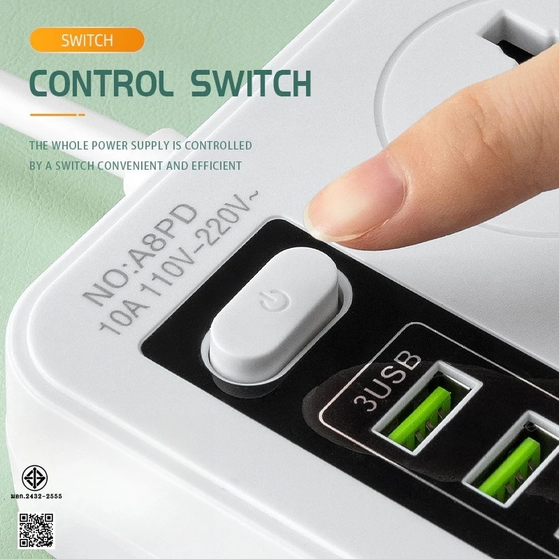 ปลั๊กไฟ 8 ทาง พร้อมพอร์ต USB และ PD 2300W มอก.2432-2555 ความยาว 3m/5m/8m thumbnail 5