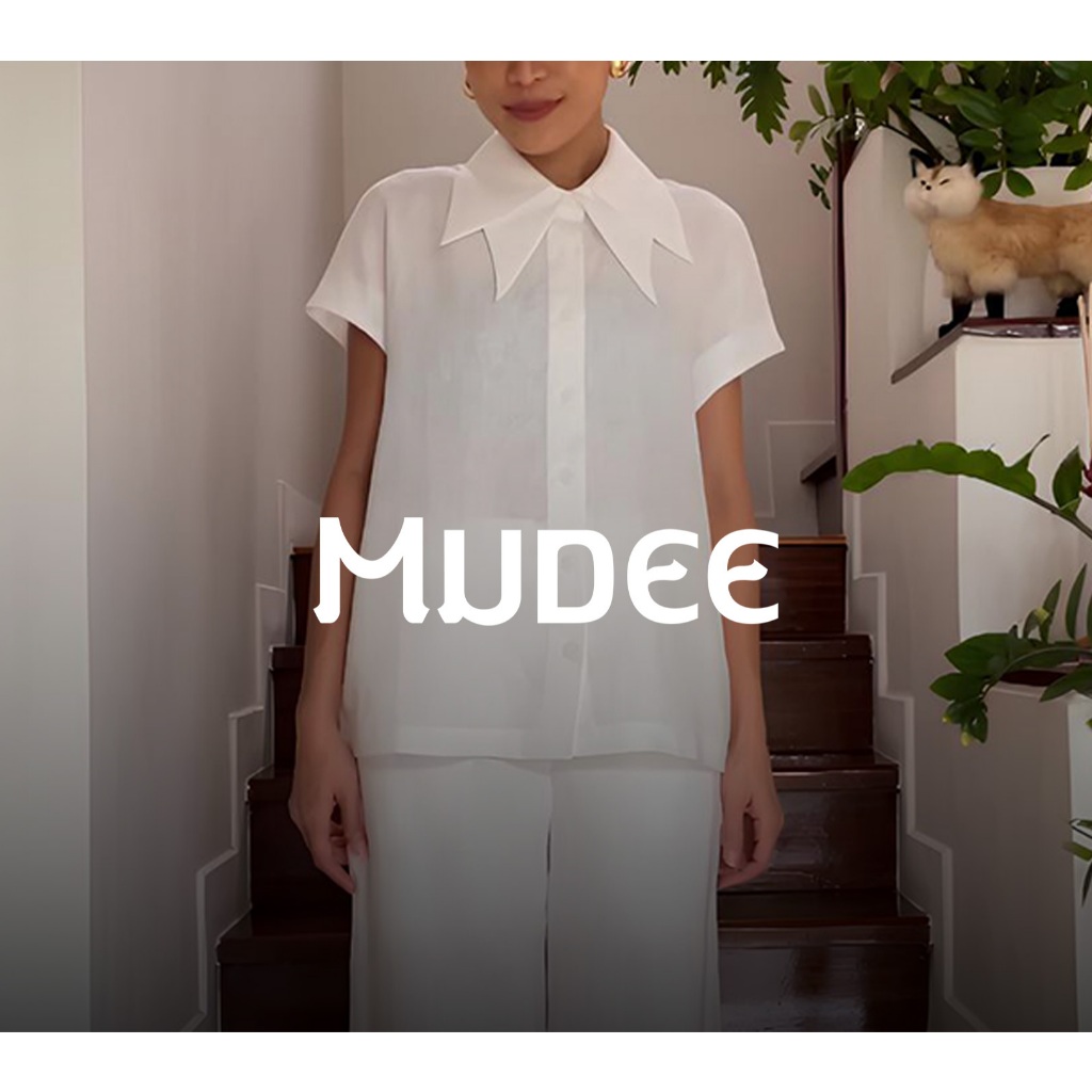 MUDEE เสื้อเชิ้ตลินินคอปกสองชั้น สีขาว
