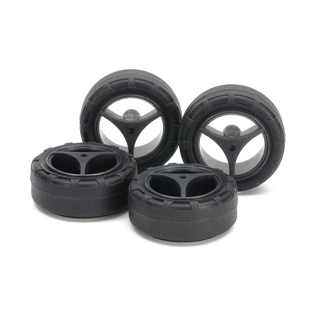 15543 Tamiya Mini 4WD Super Hard Small Dia. Narrow Tires (24mm) & Carbon Wheels (3-Spoke, for Super X & XX Chassis)