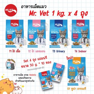 🔥 เซ็ท 4 ถุง 🔥 Mr. VET อาหารแมว Holistic 1 kg. ผสมฟรีซดราย สำหรับแมวทุกวัย ไก่ แซลมอน บำรุงขน