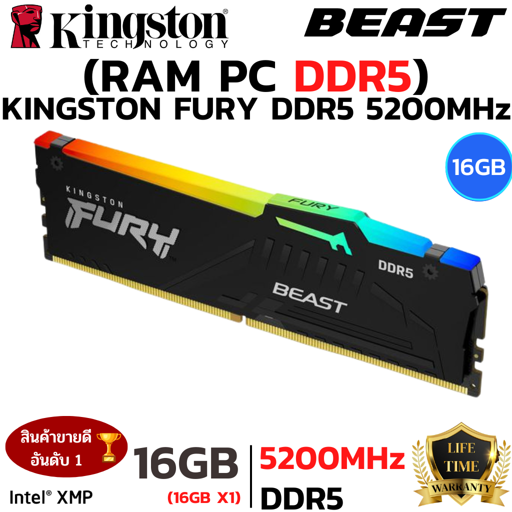 RAM 16GB (16GBx1) DDR5 5200MHz (หน่วยความจำ) KINGSTON FURY BEAST DDR5 RGB (AMD EXPO) (BLACK) (KF552C