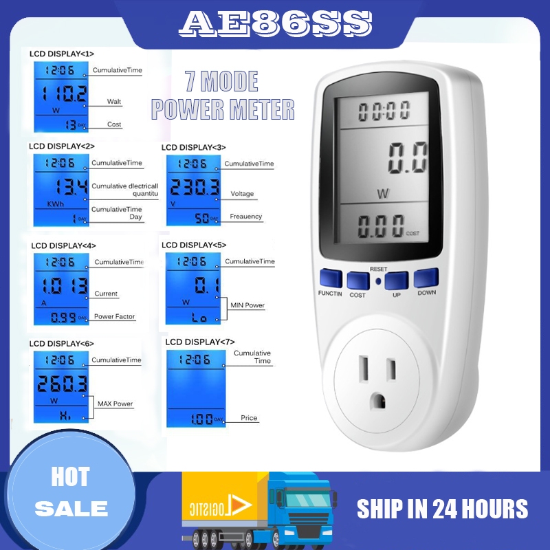 มิเตอร์วัดกำลังไฟฟ้าแบบดิจิทัล 220V US ปลั๊กและซ็อกเก็ต วัดแรงดันไฟฟ้าและพลังงาน พร้อมแสงหลัง