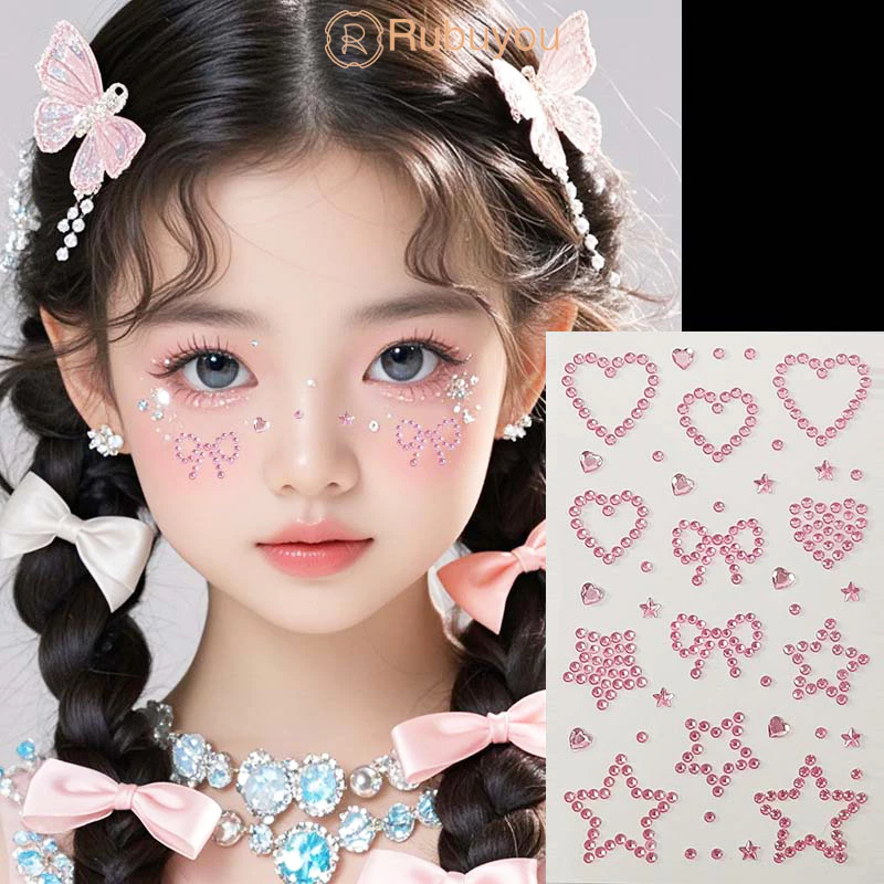 Rubuyou สติกเกอร์เพชร DIY รูปผีเสื้อดอกไม้ ลายหัวใจ 3D คริสตัลออโรร่าสีสันสดใส ตกแต่งใบหน้าอเนกประสงค์ ผู้หญิง-COD💖