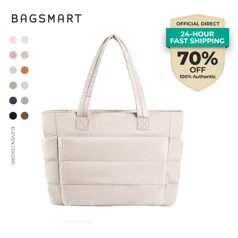 BAGSMART กระเป๋าโท้ตสีเรียบสไตล์แคชวล กระเป๋าสะพายไหล่ขนาดใหญ่ ดีไซน์ควิลท์พกพาสบาย สำหรับท่องเที่ยวและชีวิตประจำวัน