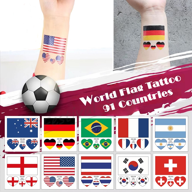 มีส่งด่วน 6x6cm. แทททู ลายธงชาติ 91 ประเทศ (ให้เลือก) สำหรับ เชียร์กีฬา  / World Flag Tattoo Stickers