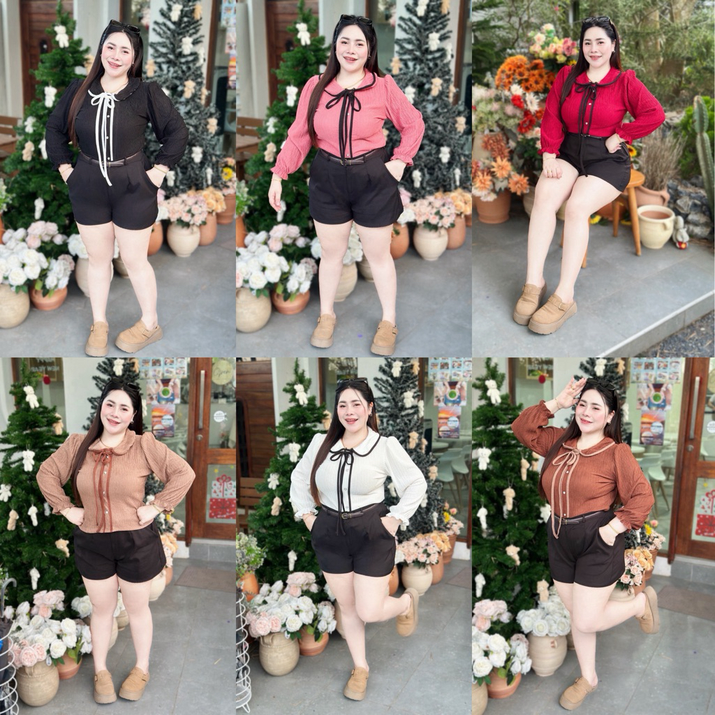 เสื้อสาวอวบ อก38-56 คอบัว แขนยาว แต่งคอผูกโบว์ได้ ทรงสวยน่ารัก  (A21)