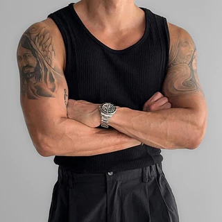 เสื้อกล้ามชาย แฟชั่นอเมริกัน ทรง Slim Fit ผ้าร่อง Ribbed เสื้อแขนกุดผู้ชาย ใส่ออกกำลังกาย ลำลอง คุณภาพสูง หลายสี【COD】