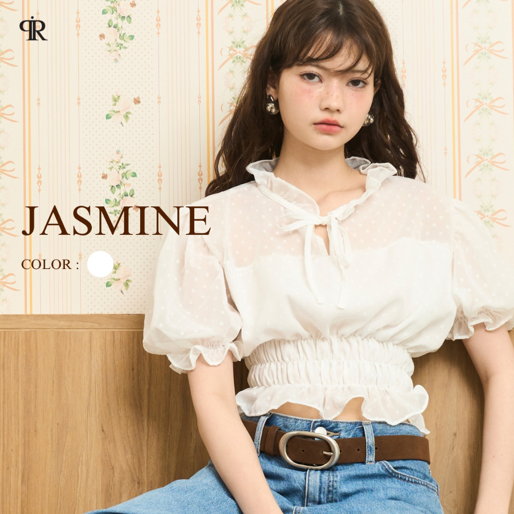 Panchitar Jasmine  – เสื้อชีฟองลายจุดสีขาว สม็อกช่วงเอวช่วยเก็บทรงให้เอวสวย