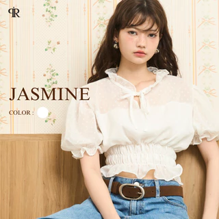 Panchitar Jasmine – เสื้อชีฟองลายจุดสีขาว สม็อกช่วงเอวช่วยเก็บทรงให้เอวสวย