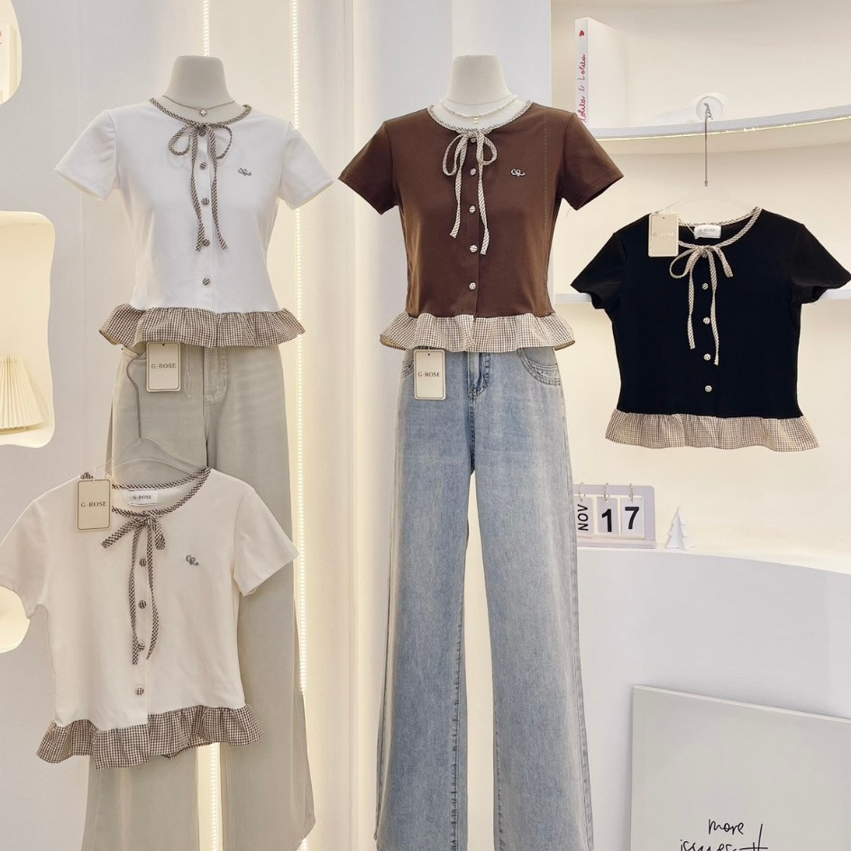 KN.Clothes เสื้อเชิ้ตแขนสั้น แต่งชายเสื้อ คอปกลายสก๊อต ปักโลโก้หน้าอก G-Rose
