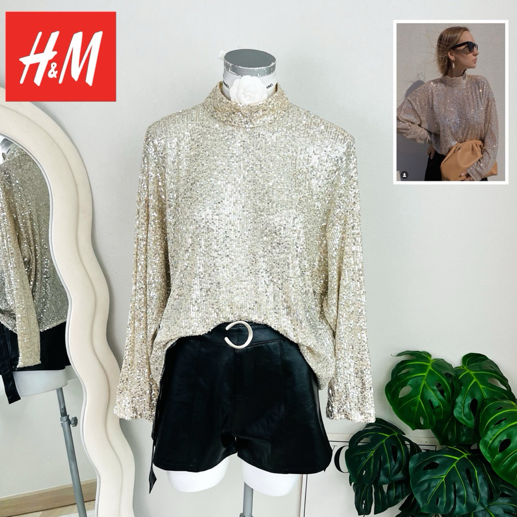 ไซด์ XL แบรนด์ H&N แท้100%🌸เสื้อ คอปีน พลัสไซด์ ทรงครอป งานเกล็ดวิบวับ สีเงิน ใส่ออกงาน ชุดวันเกิด ช