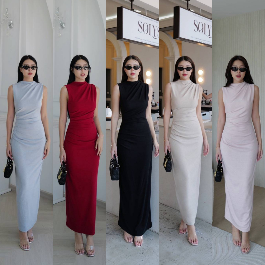 INTUON #9813​ (พร้อมส่ง) เดรสยาวคอชิดแขนกุด แต่งย่นไหล่และย่นตรงเอว T-SHIRTNISTA