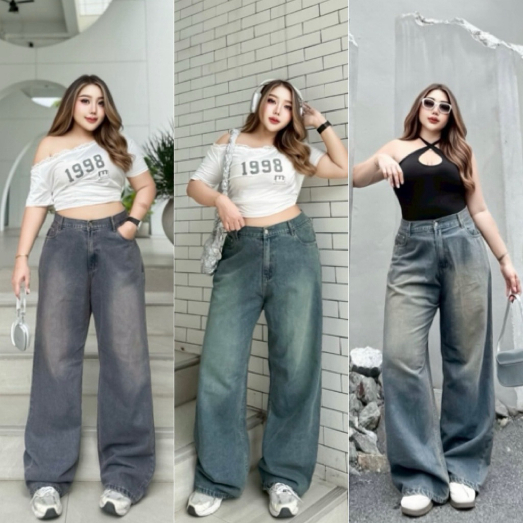 I.CURV JEANS กางเกงยีนส์ขากระบอกกลาง เอวสูง ผ้ายีนส์ไม่ยืดอยู่ทรงสวย ไซส์ใหญ่(เอว34-48นิ้ว)