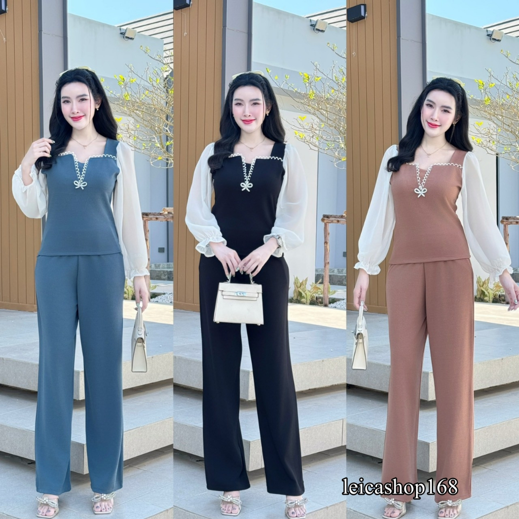 สินค้าพร้อมส่ง ชุดเซตยาว ผ้าวูลเวฟ เสื้อแขนยาวแต่งผ้าซีฟอง ช่วงอกแต่งกุ้ถักแต่งโบวืเพชร+กางเกงเอวเรียบสม็อคหลังมีกระเป๋า