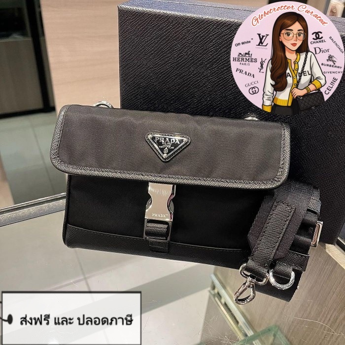 PRADA 2ZH108 กระเป๋าสะพายเฉียงรุ่นเล็ก ผ้านีลอนสีดำตัดหนัง ฮาร์ดแวร์สีเงิน ทรง Messenger