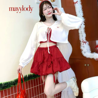 ❤️mayylody❤️ Cardigan Top คาร์ดิแกน / เสื้อคลุม / เสื้อแขนยาว แขนพองตุ๊กตา ปักโบว์ สไตล์เกาหลี ❤️เสื้อสีแดง / คริสต์มาส