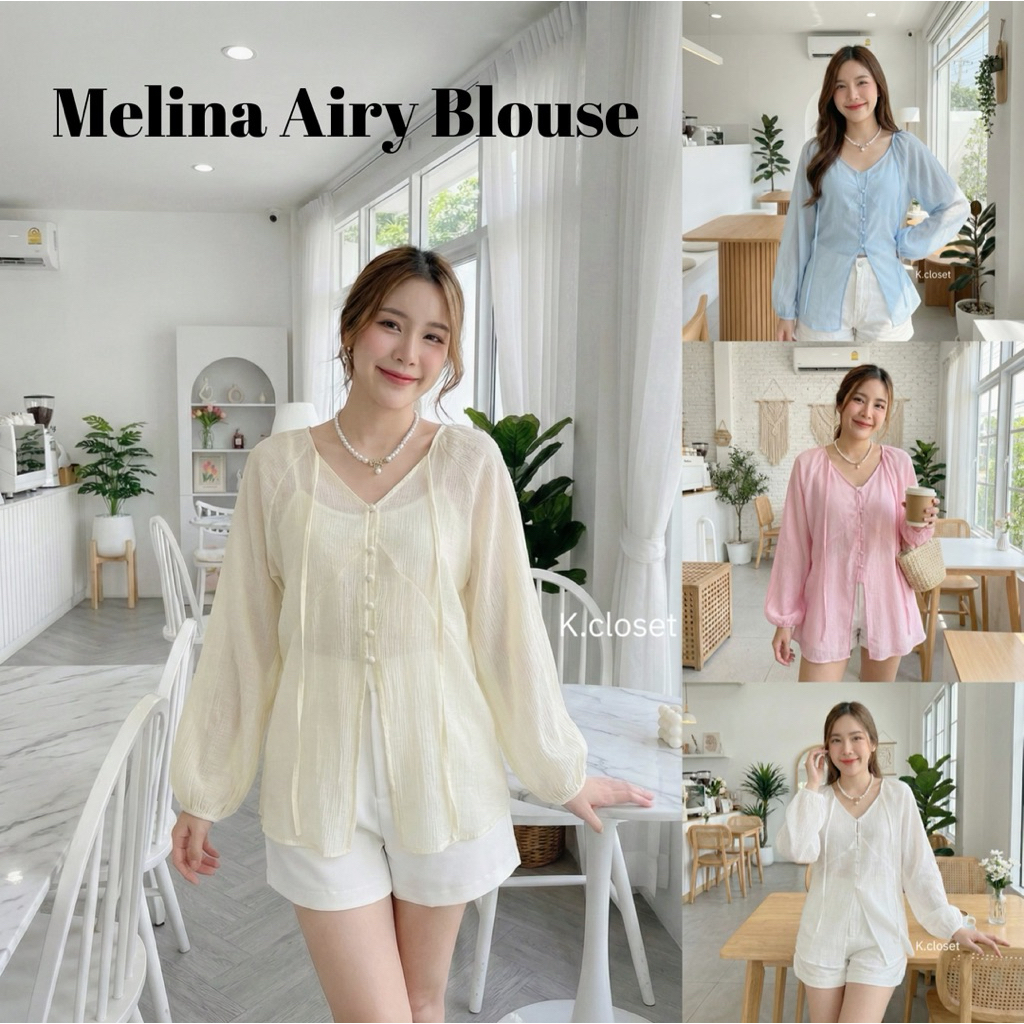 Melina Airy Blouse อก28-38 เสื้อคอวีแขนพองแต่งกระดุมหน้าผ้าบางเบาใส่สบายทรงยาวใส่พรางหุ่น งานป้าย MY TOP