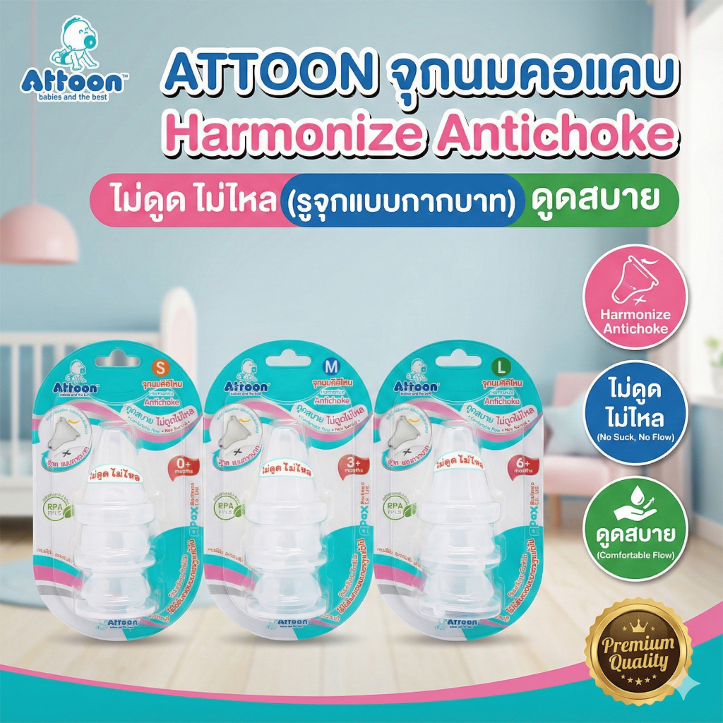 จุกนมคอแคบ Attoon Harmonize Antichoke (ไม่ดูดไม่ไหล) รูจุกแบบกากบาท  ดูดสบาย ไม่ดูด ไม่ไหล ไซส์ S,M,L