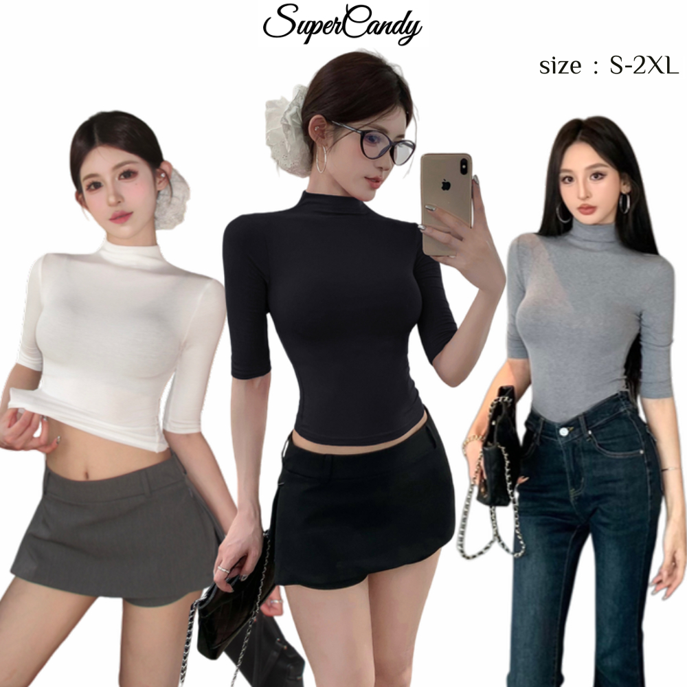 SuperCandy🌷เสื้อยืดคอสูงเปิดไหล่ เสื้อตัวบนแขนสามส่วนทรงเข้ารูปสำหรับผู้หญิง เสื้อตัวบนทรงเข้ารูปแขนกลาง