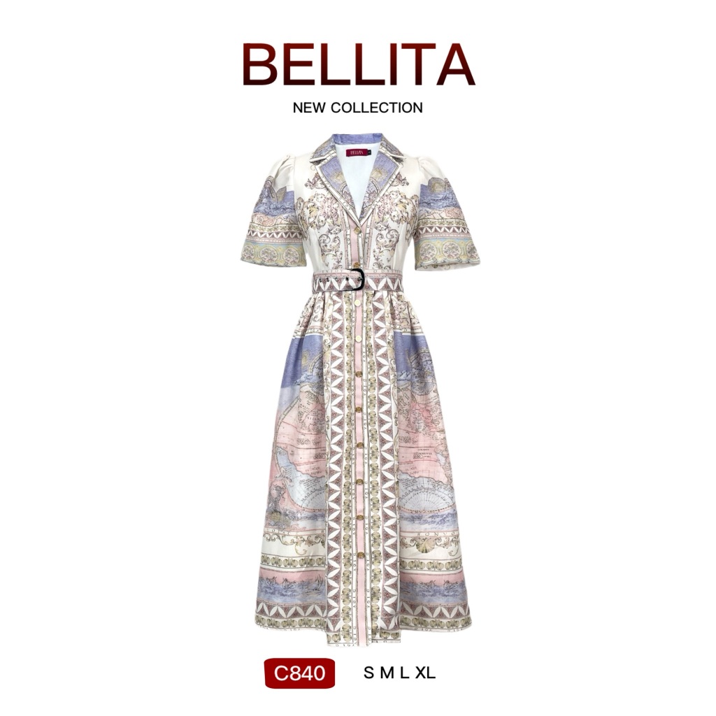 C840 BELLITA  เดรสยาวพิมพ์ลายทั้งชุด ผ้าสูทดีเทลแน่น เข็มขัด แยกชิ้น ใส่เที่ยว คาเฟ่ ออกงาน