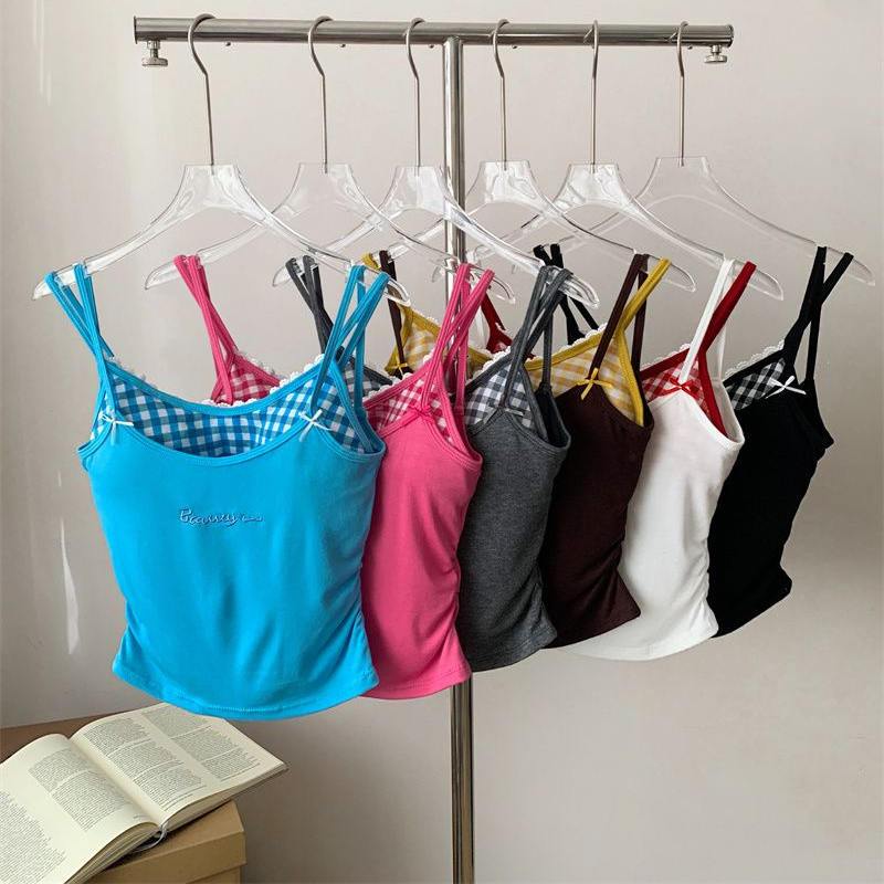 สไตล์อเมริกันร้อนฟั่นเสื้อกั๊กหญิงประกบ Jumpsuit Slim Fit สั้นด้านบนกับแผ่นหน้าอกฟองน้ำ