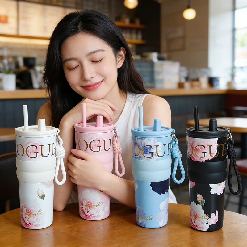 แก้วเก็บความเย็นลายดอกไม้ใหม่ ปี 2025 710MLแก้วน้ำเก็บอุณหภูมิ กระติกน้ำร้อน สแตนเลส พร้อมหลอด แก้วกาแฟ ถ้วยน้ำความ-266 thumbnail 8