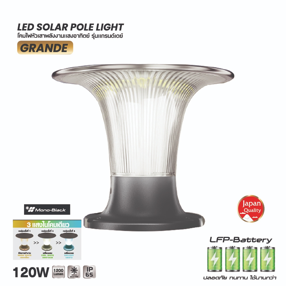 "ใหม่" ไฟหัวเสา SOLAR SHINING GRANDE 120 วัตต์ DAYLIGHT/COOL WHITE/WARM WHITE ตกแต่งสวน Toshiba ligh