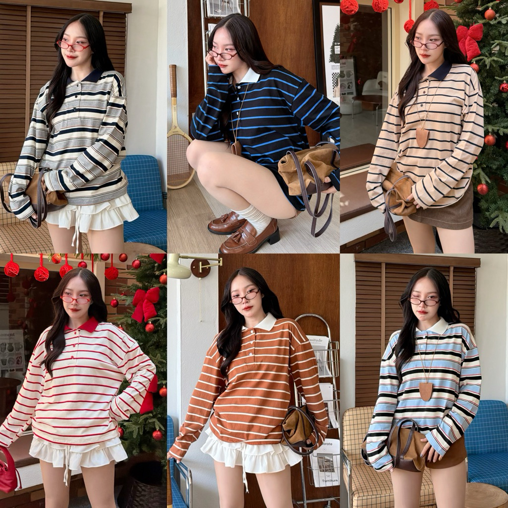 โปโลแขนยาวทรงโอเวอร์ไซส์ ผ้าเนื้อหนาลายริ้วคอปก ผ้ายืดเนื้อหนา