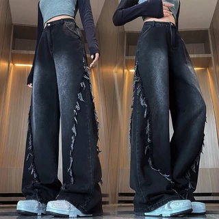 S~5XL Baggy jeans for women กางเกงยีนส์วินเทจสีดำ กางเกงขายาวทรงตรงดีไซน์ขอบดิบสุดเทรนด์ กางเกงยีนส์ขากว้างแบบลำลอง HOT