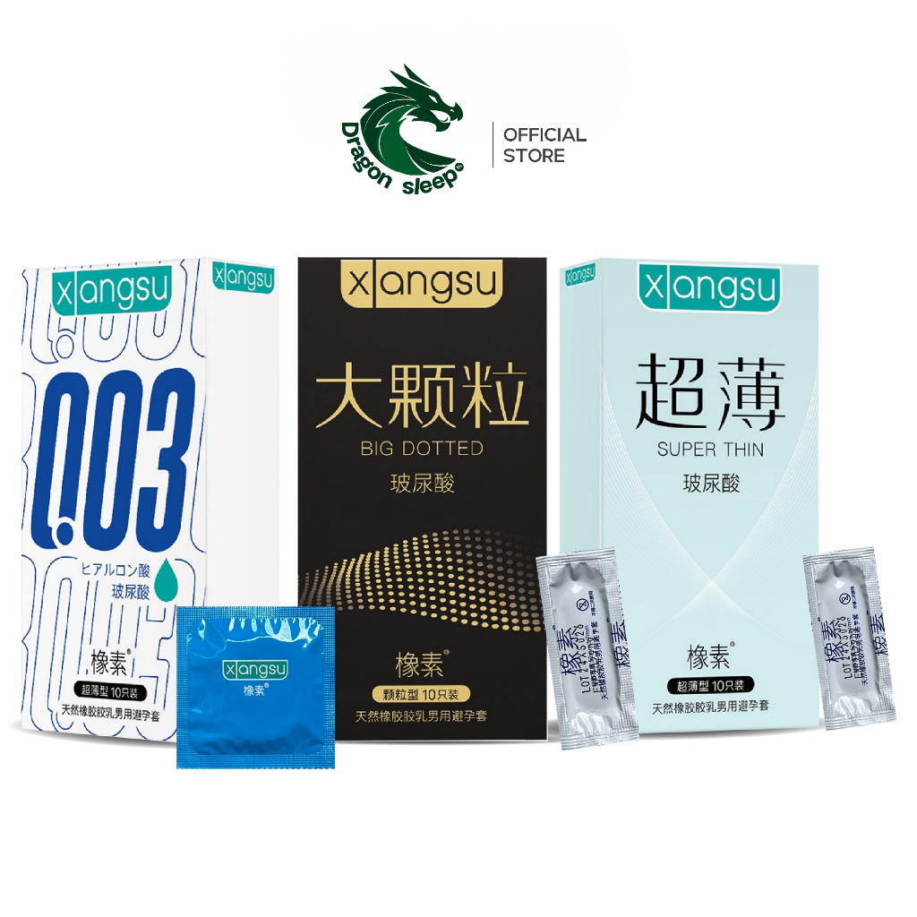ถุงยางอนามัย Xlangsu แบบเรียบ ปุ่ม บาง 003 เพิ่มไฮยาลูรอน ไซส์ 52±2 มม. กล่อง 10 ชิ้น