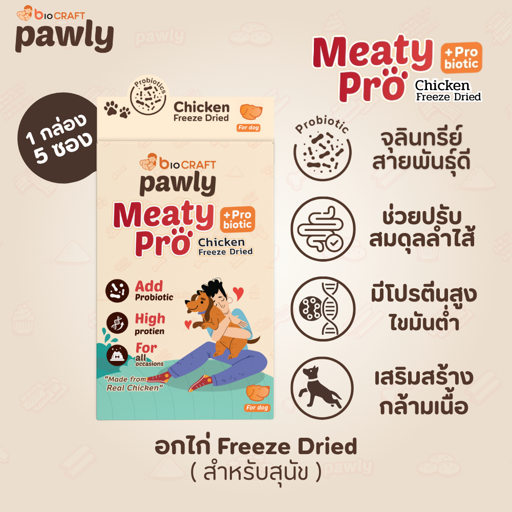 Pawly Meaty Pro (สำหรับสุนัข) ฟรีซดรายผสมโพรไบโอติก กินง่าย โปรตีนสูง 25g - [1กล่อง]