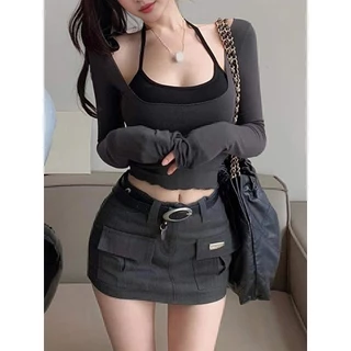 พร้อมส่ง เสื้อครอป เสื้อกล้ามเอวลอย 2ชิ้น สไตล์เกาหลี