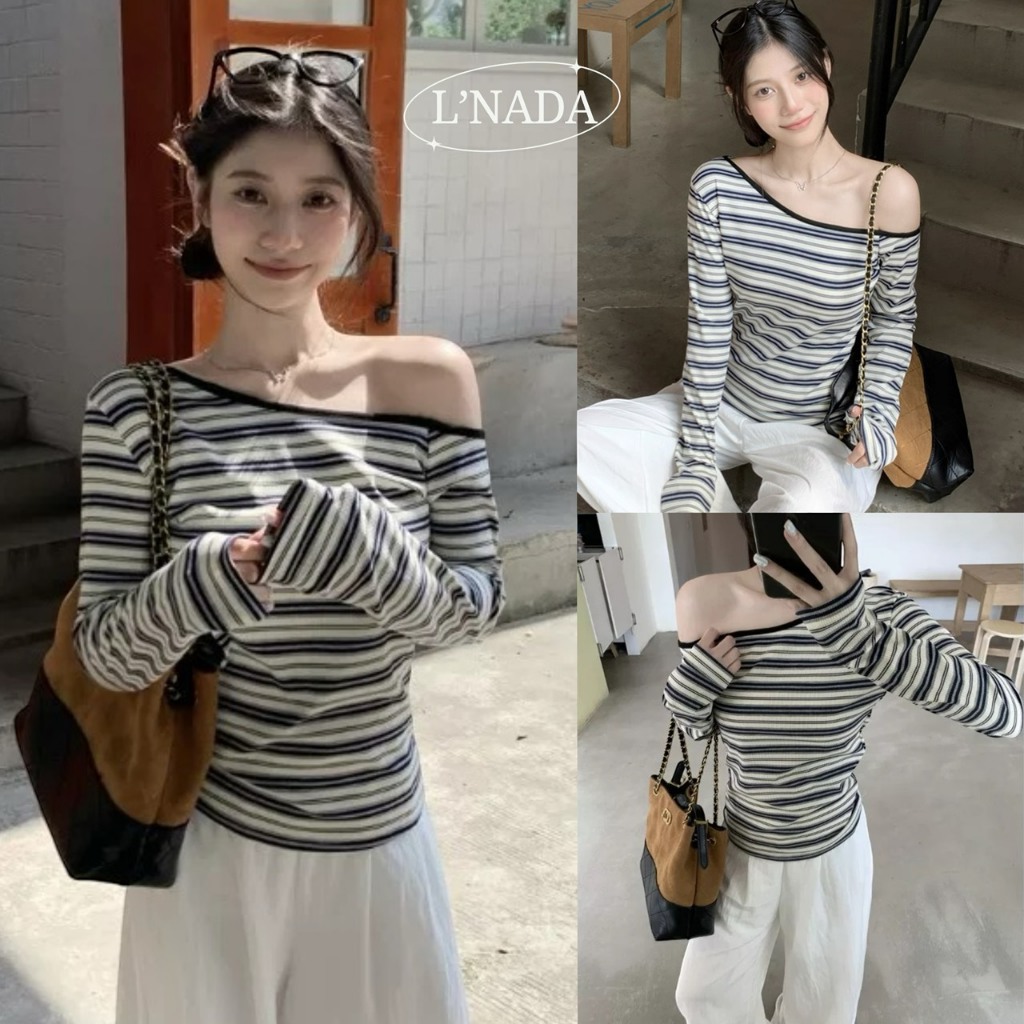 L'NADA【พร้อมส่ง】เสื้อแขนยาวปาดไหล่ลายทาง Korea Sweet Stipe Top