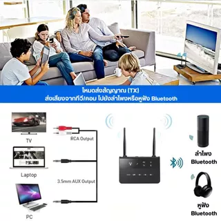 Bluetooth 5.4 รับ–ส่งในตัว ระยะไกล 80M รองรับ 2 อุปกรณ์ หน่วงต่ำ aptX LL ใช้ได้กับทีวีทุกยี่ห้อ แบต 10 ชม. โหมด Bypass