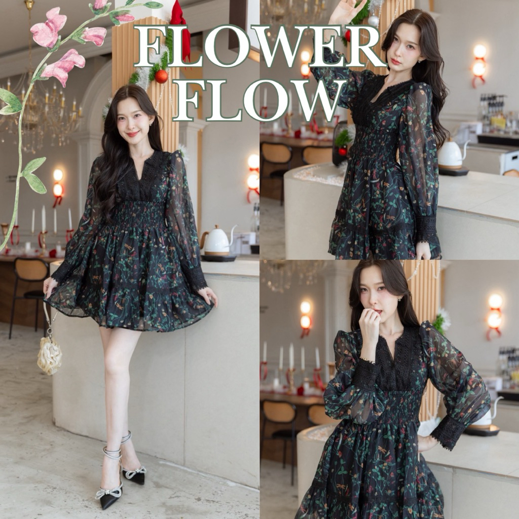🌸FLOWER FLOW DRESS 🌸 (TYL127) เดรสสีดำลายดอกไม้ ทรงสวยมาก เนื้อผ้าดีมากๆค่ะ