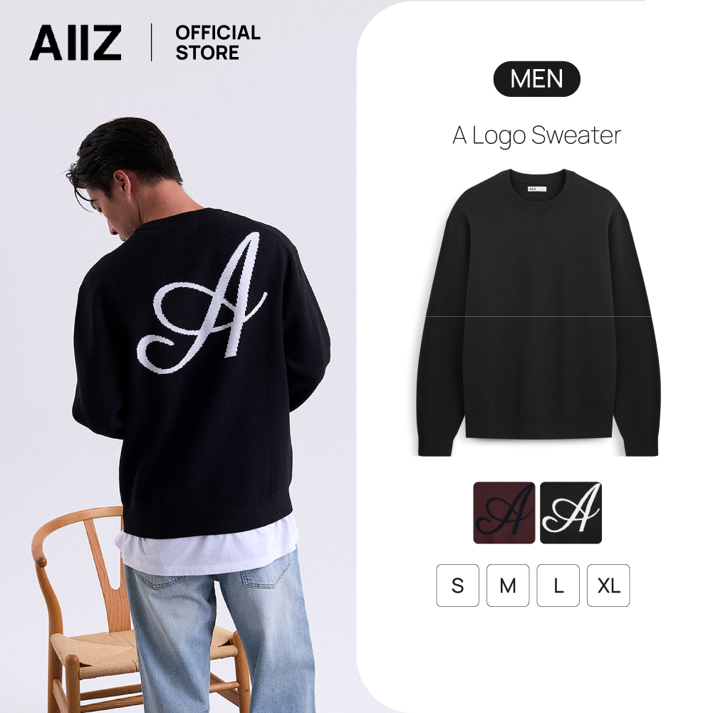 AIIZ เสื้อสเวตเตอร์ผู้ชายคอกลมแขนยาวทอกราฟิก AIIZ Men's A Logo Sweater