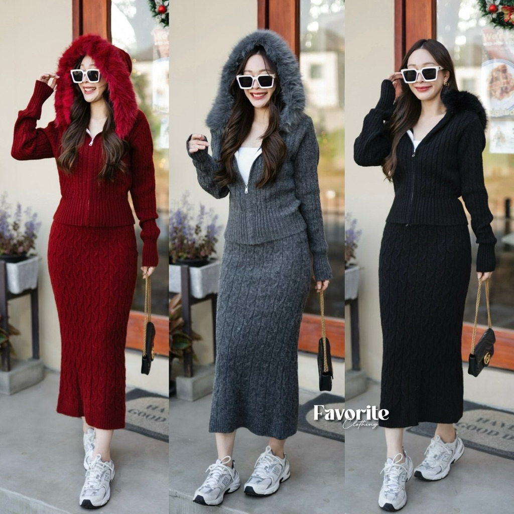 🌈🌿🌺🌼🌸❤️🩶🖤🇰🇷 Knit Hood Fur Zip Long Sleeve Top&Long Skirt Set