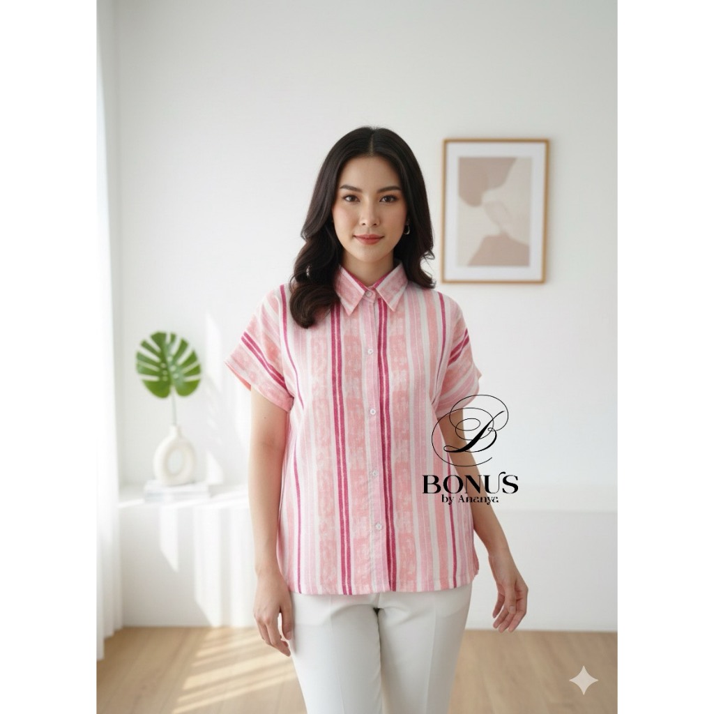 👉ทักแชทก่อนสั่ง👈เสื้อคอปกเชิ้ตแขนสั้น ผ้าลินินเกาหลี ป้ายBonus by Ananya