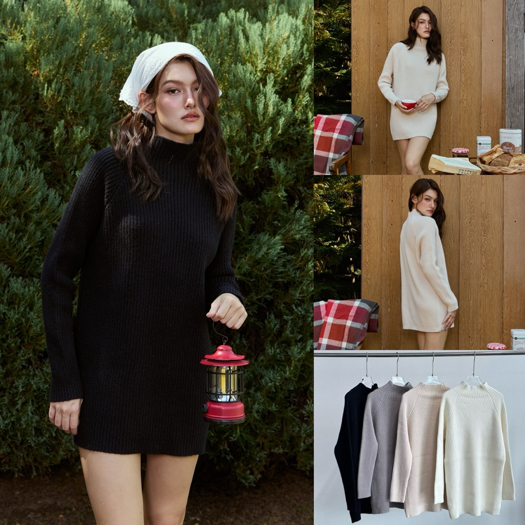 [umore.made] 🎀 Almond wool knit dress เดรสไหมพรมสั้น คอปีน ทอหนา ผ้านุ่ม อุ่นไม่คัน ทรงสวย