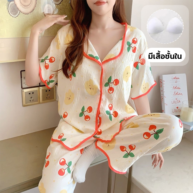 ชุดนอนผ้าไหมญี่ปุ่น แขนสั้น-ขายาว มีฟองน้ำในตัว เนื้อผ้าบางเบา ลายมินิมอลน่ารัก ทรงหลวม ไซส์ S-3XL