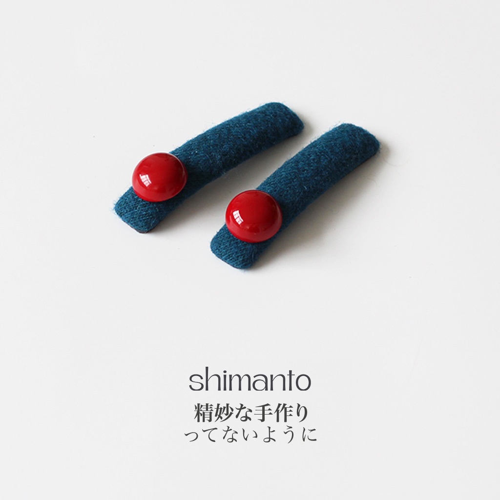 Shimanto กิ๊บติดผม วัสดุผ้าทวีตสีฟ้า ประดับด้วยลูกปัดสีแดง  สไตล์เกาหลี สำหรับหนีบผมข้าง ผมหน้าม้า