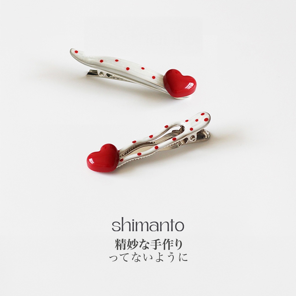 Shimanto กิ๊บติดผม สีขาวมุก ลายจุดสีแดง ตกแต่งด้วยจี้รูปหัวใจ สไตล์เกาหลี สำหรับหนีบผมข้าง ผมหน้าม้า