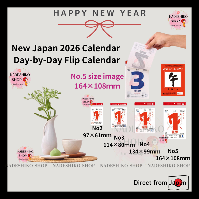 New Japan Calendar 2026 Calendar Day-by-Day Flip Calendar　Size 2 (9.7×6.1cm) / 3 (11.4×8cm) / 4 (13.