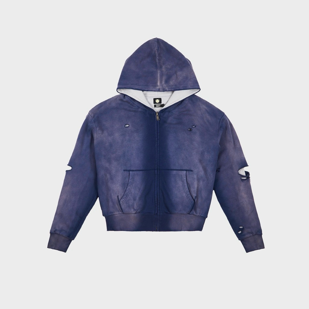 Faded Blue New Moon Zipper Thermal Hoodie