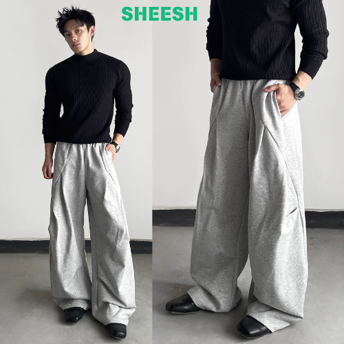 SHEESH-กางเกงวอร์มผ้าฝ้ายขายาวผู้ชาย  สไตล์เกาหลี มีเชือก สีเทาและสีดำ จัดส่งจากกรุงเทพ ลำลองทรงหลวม