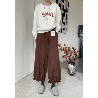 Reallyshops #9379(K) กางเกงขายาวบอลลูนปลายดอกไม้ เอวยางยืด ผู้หญิง พร้อมส่ง