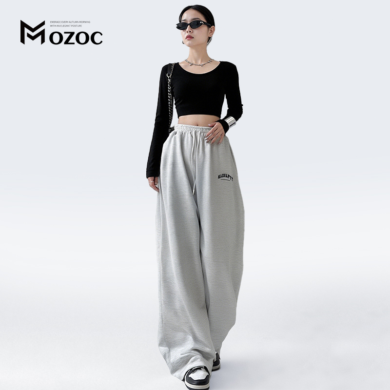 MOZOC จัดส่งจากประเทศไทย ผู้หญิงสูงขึ้นกว้างขากีฬาหลวมพอดีเอวบางร่างกายกางเกงขาเดียวกัน
