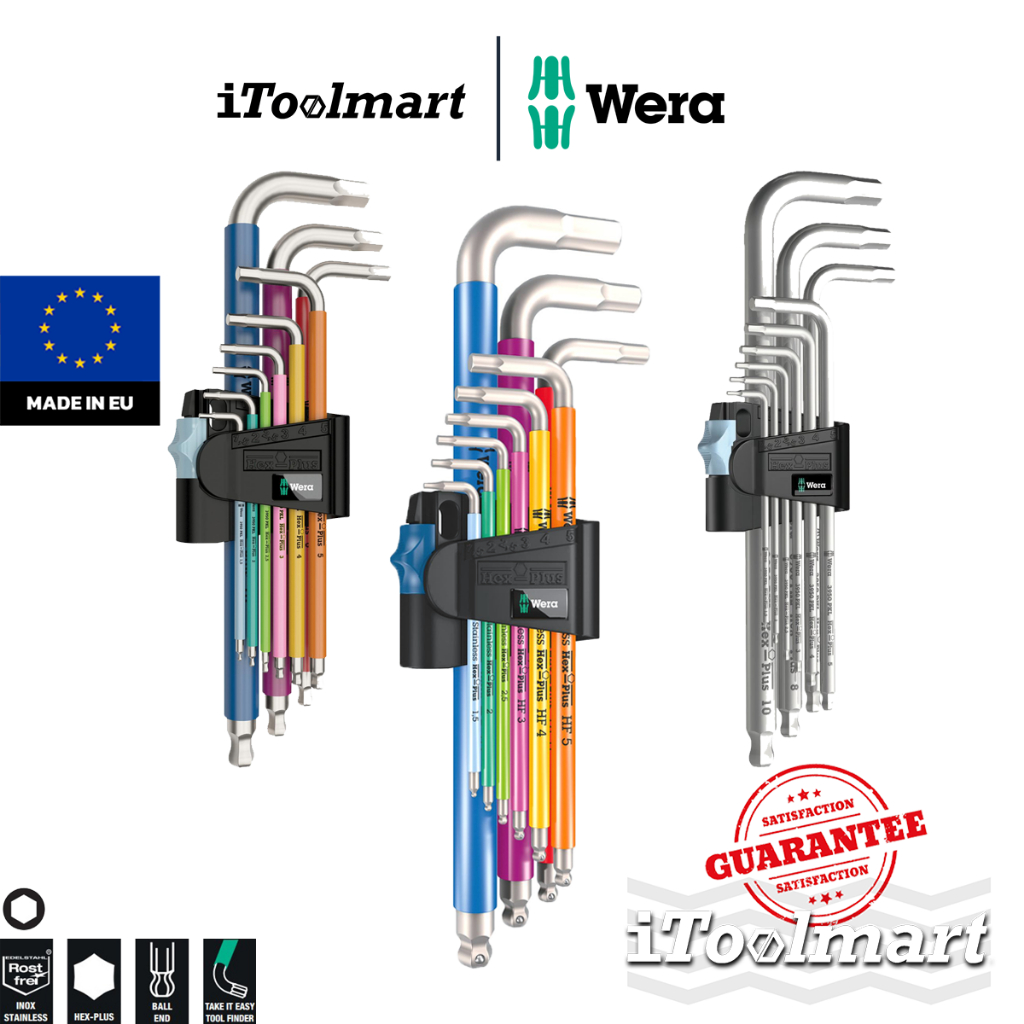 WERA ชุดประแจหกเหลี่ยม 3950/9 Hex-Plus Multicolour Stainless 1 (ไม่มีลูกปืน) / HF Stainless 1 (ลูกปืน)