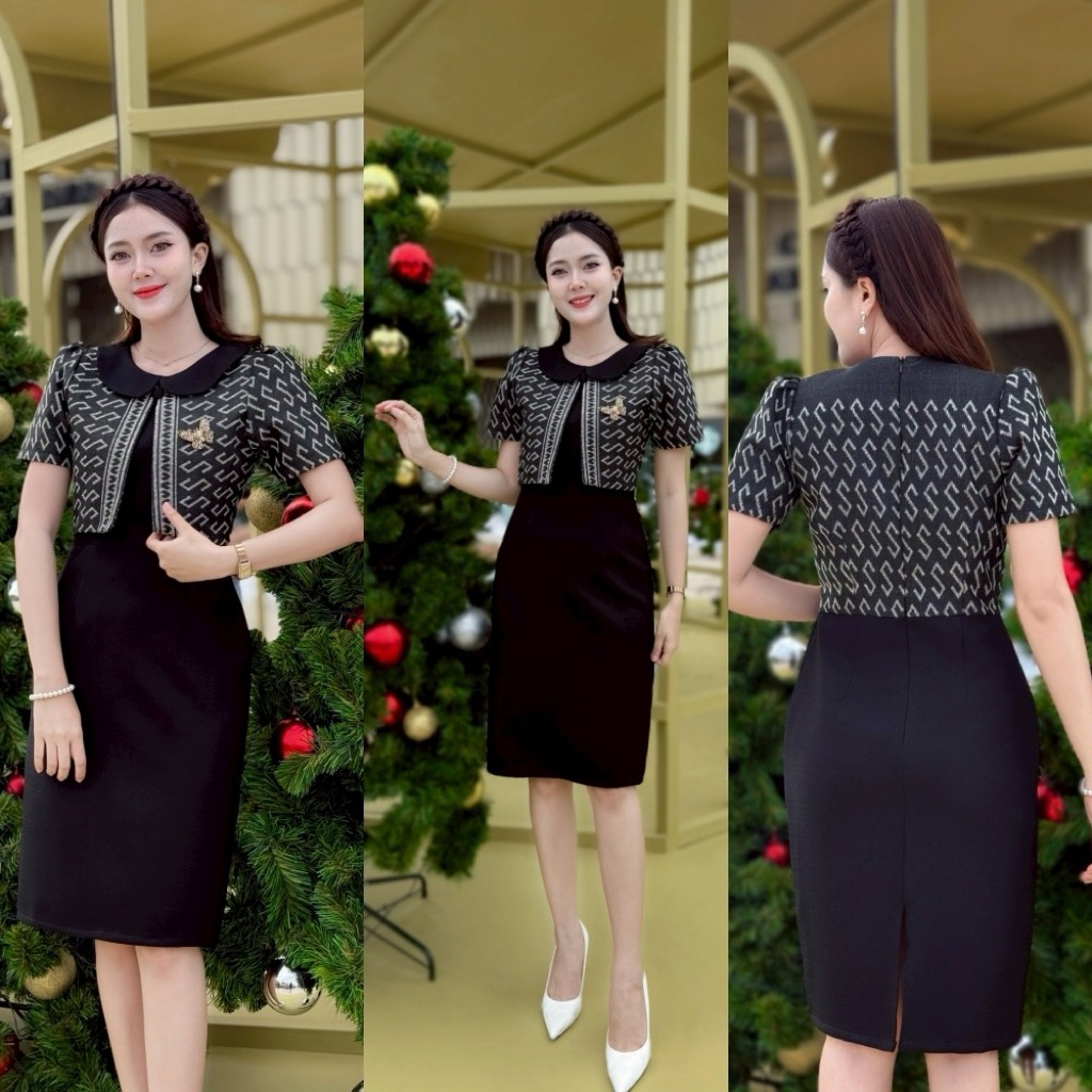 New color สีดำ รูปนางแบบมาแล้วค่าา ชุดเดรสผ้าทอลายขอ งานแต่งกั๊กคอบัวทรงสอบ พร้อมส่ง S-5Xl!!! N546